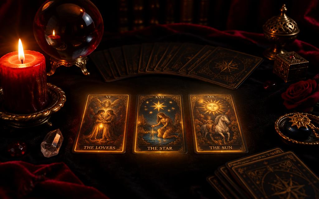 Cartas de tarot espalhadas sobre mesa escura com vela e bola de cristal