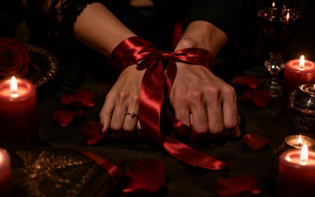 Mãos de um casal amarradas com fita vermelha sobre velas