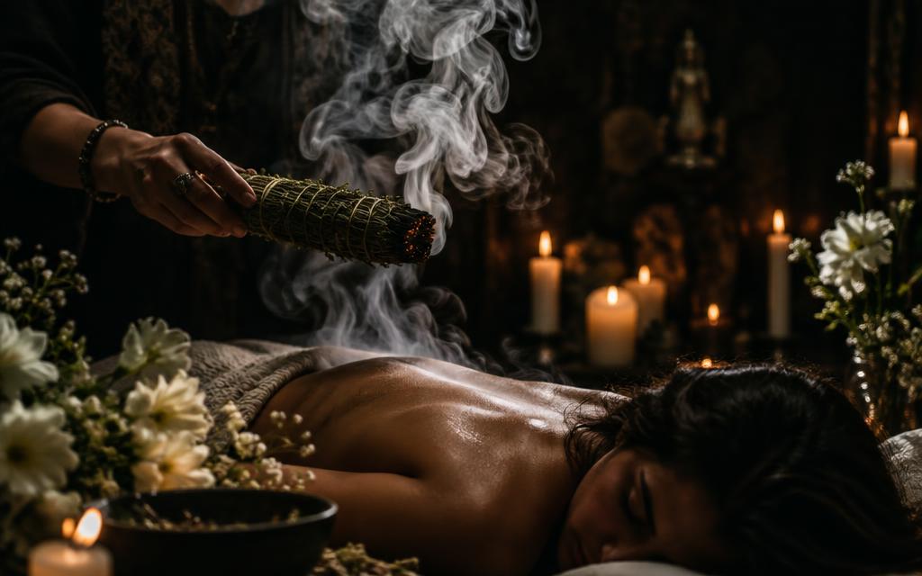 Ritual de limpeza espiritual com fumaça de ervas e velas