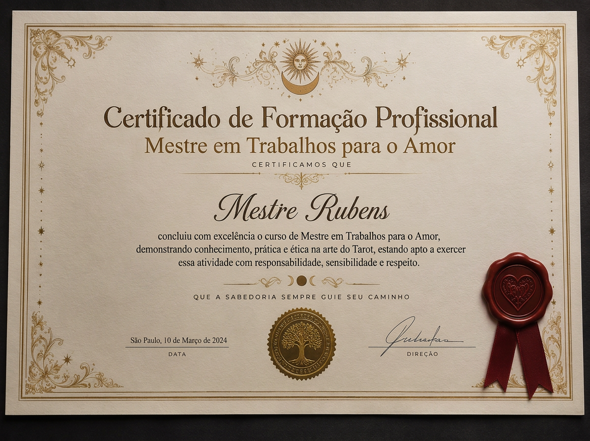 Certificado de formação profissional de Mestre em Trabalhos para o Amor de Mestre Rubens