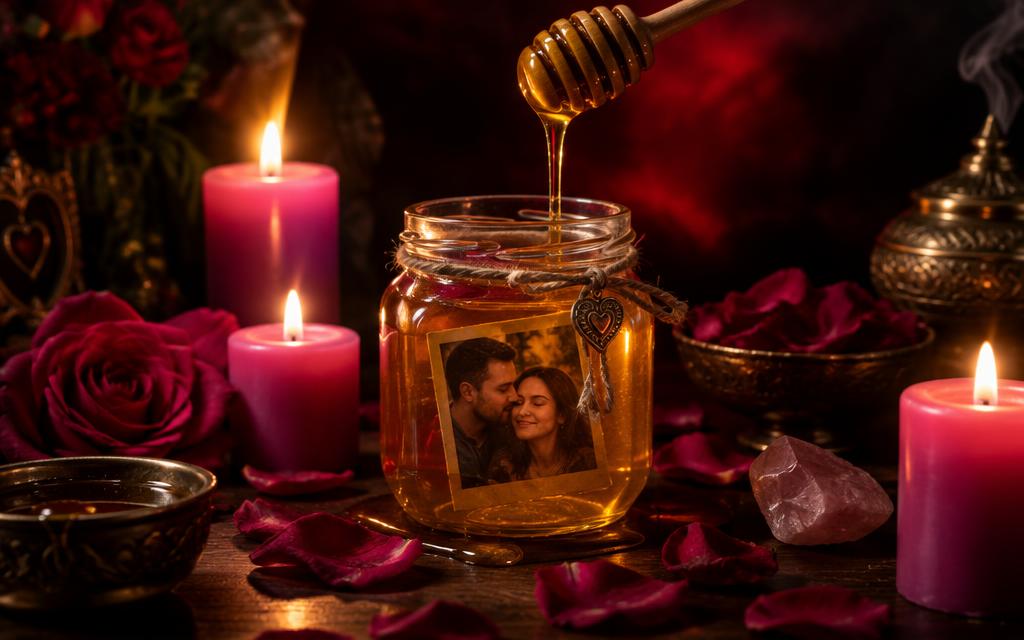 Pote de mel com foto de casal em ritual de adoçamento com velas rosas