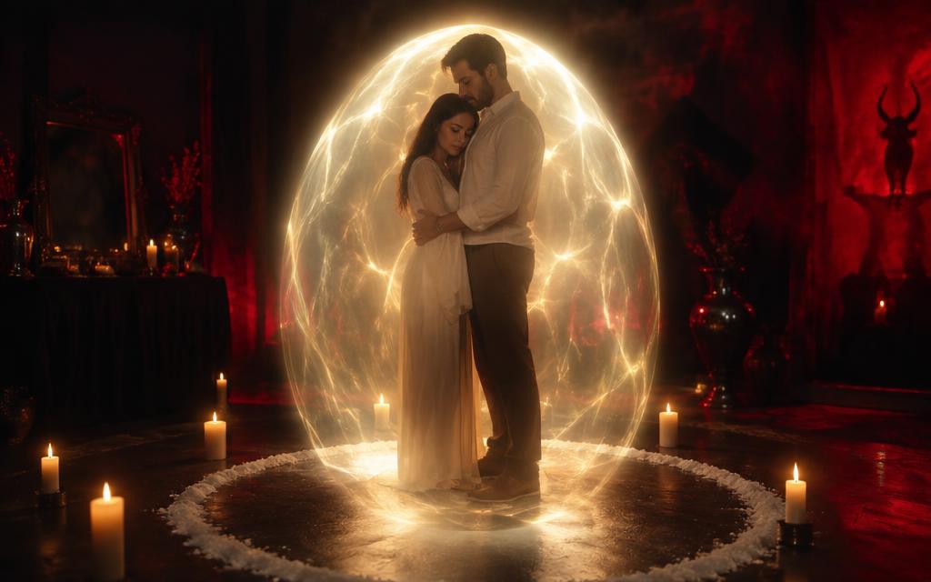 Casal protegido por um escudo de luz espiritual em meio a velas